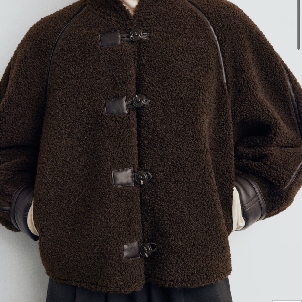 Mango Dark Brown Reversible Teddy/Leather Jacket for Women Medium - Picture 4 of 7